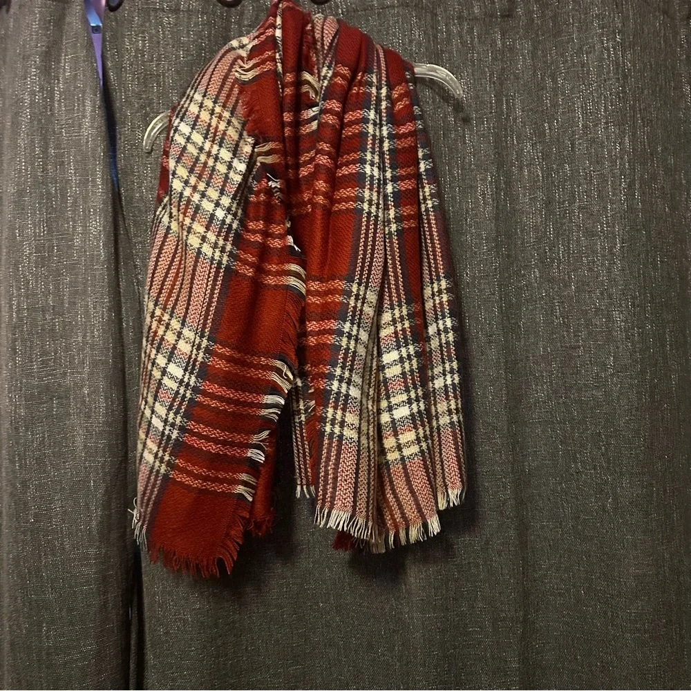 Red, White Blue Plaid Striped Oversized Blanket Scarf,‎ Fringed Edges